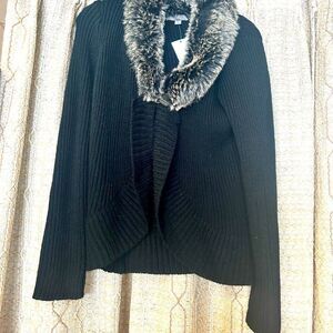 Roz & Ali Ladies Size M Black Faux Fur Cardiagn